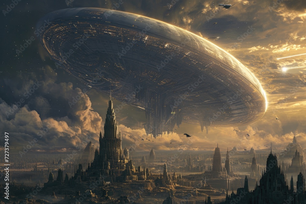 Poster a futuristic cityscape features a massive flying object soaring through the sky, a giant spaceship h