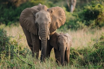 Fototapeta na wymiar An adult elephant and a baby elephant walk through tall grass in their natural habitat, A gentle giant elephant with her baby in the African bush, AI Generated