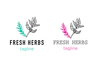 Minimalist fresh herbs logo vector, hand drawn. Bright color, rosemary and basil. Food and cooking logo.