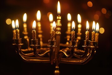 Obraz na płótnie Canvas A chandelier adorned with numerous candles illuminating the room with warm, flickering light, A glowing Hanukkah menorah with all candles lit, AI Generated
