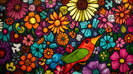 Spring nature doodle background image. Drawing in the theme of spring and flowers. - obrazy, fototapety, plakaty