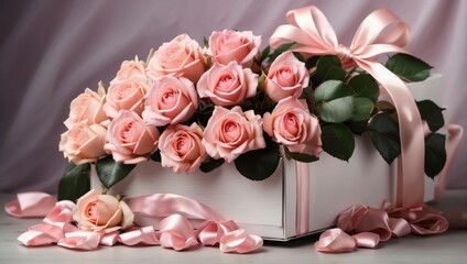 An exquisite arrangement of roses gracing a table, representing a beautiful bouquet as a romantic gift.