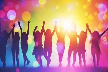 Group of people standing and raising hands in Silhouettes style, Silhouettes of people dancing, A concept photograph of party and festivity in silhouette form on abstract colorful Bokeh background
