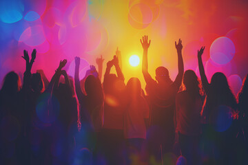 Group of people standing and raising hands in Silhouettes style, Silhouettes of people dancing, A concept photograph of party and festivity in silhouette form on abstract colorful Bokeh background