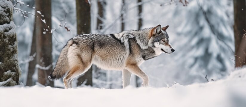 wolf walking in the snow with trees behind him