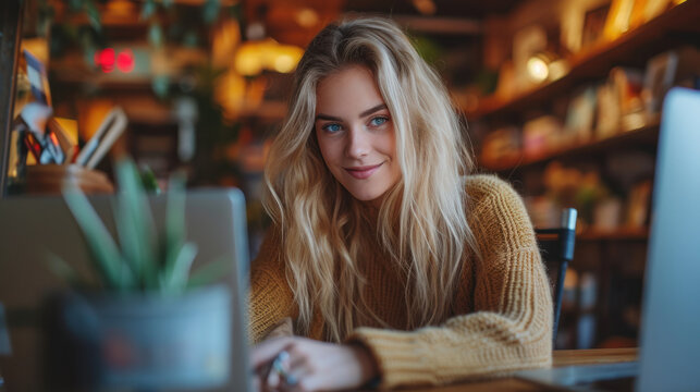 A contemporary and professional photograph capturing a focused young businesswoman diligently working on her laptop at her desk in a modern office setting.