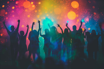 Fototapeta na wymiar Group of people standing and raising hands in Silhouettes style, Silhouettes of people dancing, A concept photograph of party and festivity in silhouette form on abstract colorful Bokeh background