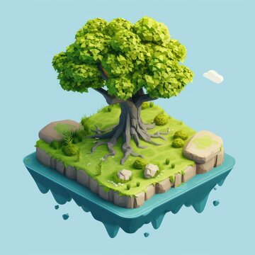 A tree in isometric view with low-poly, simplified details, and a cartoon style, created as a mobile game environment asset.
