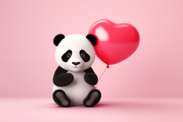 Cute panda bear holding a red heart balloon. Valentine's day background. Generative Ai