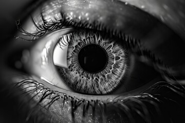 This photograph features a detailed close-up of an eye in black and white, showcasing its intricate patterns and textures, A grayscale rendition of an eye injury, AI Generated