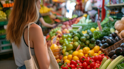 A health-conscious woman browses a vibrant selection of fruits and vegetables at a market, with eco-friendly cotton bag ready for a sustainable shop