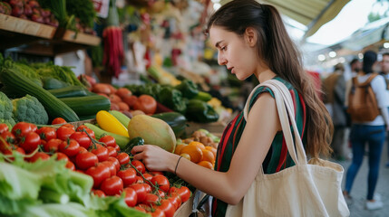 A woman thoughtfully selects fresh produce at a local farmers' market, her reusable cotton eco bags filled with an assortment of vibrant fruits and vegetables. A sustainable and zero-waste lifestyle