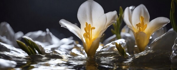 there are two white flowers that are in the water