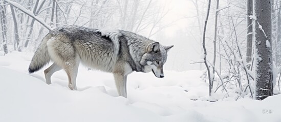a wolf is looking for food in the deep snow in winter