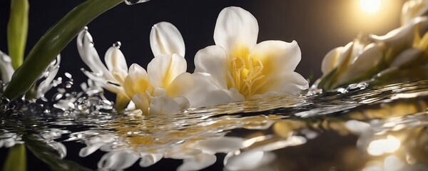 there are two white flowers floating in the water with a yellow light