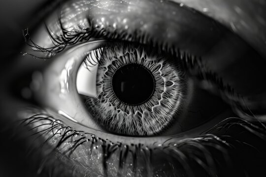 Fototapeta This photograph features a detailed close-up of an eye in black and white, showcasing its intricate patterns and textures, A grayscale rendition of an eye injury, AI Generated