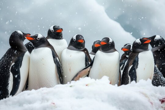 A group of penguins, active and alert, stand together in the snowy landscape, A group of penguins huddled together in icy Antarctic weather, AI Generated