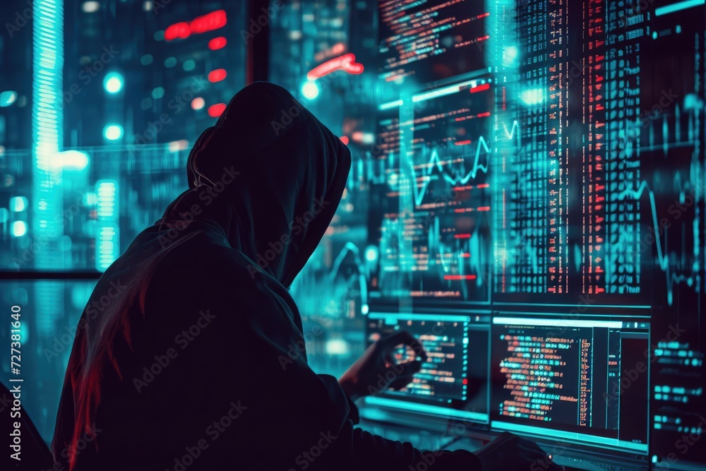 Poster a person is seen sitting at a desk, focused on a computer screen, engaged in their work, a hacker br