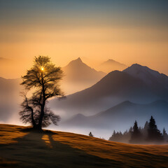  Lone Tree Silhouette in Foggy Mountain Valley at Sunset