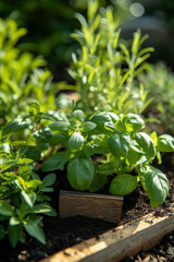 A herb garden, aromatic and diverse, flourishing with basil, mint, rosemary, and thyme