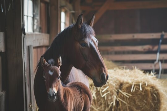 A photo capturing a baby horse confidently standing next to an adult horse in a field, A heartwarming scene of a horse with its foal in a barn, AI Generated