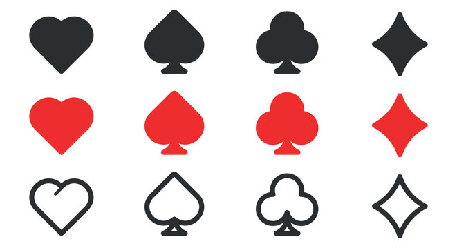 Card icons. pikes,spades,clovers,hearts,tiles,diamonds. Vector illustration.