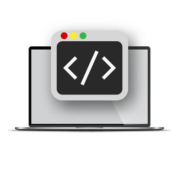 computer software with programming coding text application window on laptop screen, flat vector illustration