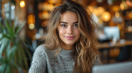 Obraz premium A young brunette woman sitting at a desk, shopping online with a credit card.