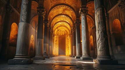 A maze of arches and columns, reminiscent of ancient Roman architecture, set in dramatic lighting. - obrazy, fototapety, plakaty