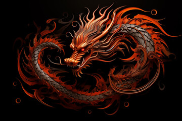 traditional red chinese dragon for chinese new year 2024, chinese lucky dragon symbol, Lùhng, ryū, 龍/竜, yong, 용, mungkorn, มังกรจีน, rồng, generative AI - obrazy, fototapety, plakaty