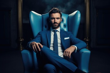 a man in a blue jacket sits on a chair. businessman. - obrazy, fototapety, plakaty