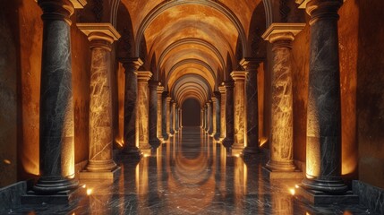 Obraz premium A maze of arches and columns, reminiscent of ancient Roman architecture, set in dramatic lighting.