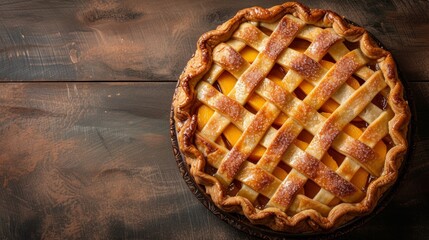 A rustic, lattice-topped peach pie featuring juicy, ripe peaches in a syrupy filling. - obrazy, fototapety, plakaty