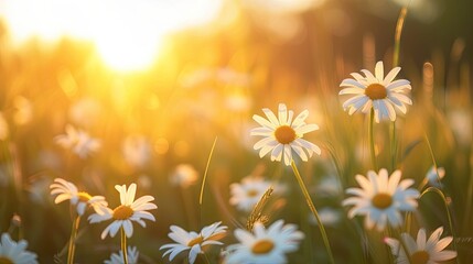 The landscape of white daisy blooms in a field, with the focus on the setting sun. The grassy meadow is blurred, creating a warm golden hour effect during sunset and sunrise