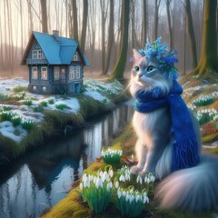 Spring. A beautiful cat sits among snowdrops in a clearing in the forest. Fantasy