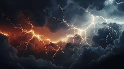 Roaring thunderstorm, shocking lightning shines in the dark sky