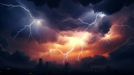 Fototapeta na wymiar Lightning on the sky, gloomy ominous storm clouds background