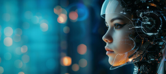 Woman in futuristic costume. Female in modern interacting with network while having virtual reality experience. Augmented reality game, future technology, AI concept. VR.