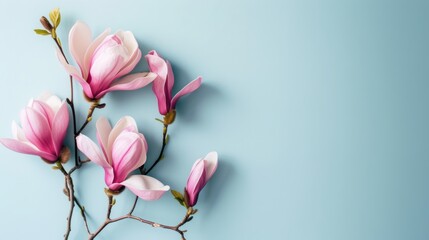 Branch of pink blooming magnolia on a light blue background 