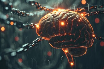 Computer Generated Image of a Human Brain, A human brain with blockchain chains, representing the concept of intellectual blockchain technology, AI Generated