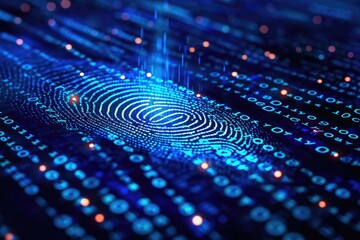 A detailed fingerprint is visible on a solid blue background, showcasing unique patterns and ridges, A human fingerprint transforming into binary code, AI Generated - obrazy, fototapety, plakaty