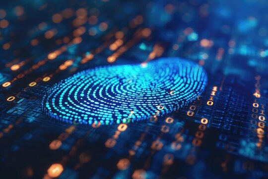 A clear fingerprint is seen on a solid blue background, A human fingerprint transforming into binary code, AI Generated