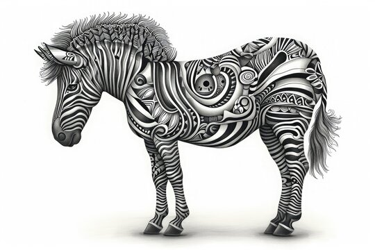 This photo features a black and white drawing of a zebra, showcasing its distinct stripes and graceful form, A intricately drawn zebra with stunning stripes, AI Generated