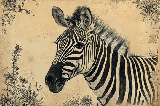 This photo depicts a detailed black and white drawing of a zebra, showcasing the unique stripes and features of the animal, A intricately drawn zebra with stunning stripes, AI Generated