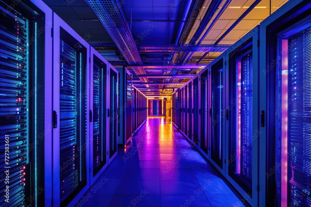 Poster rows of servers in a data center, a large data center with rows of servers illuminated in cool-color