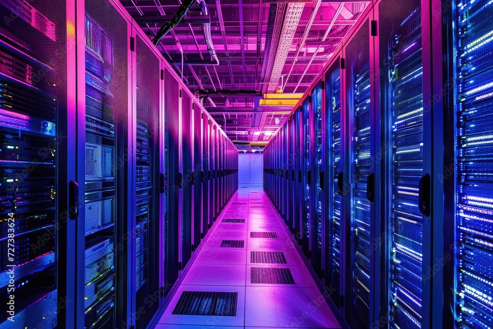 Poster a long hallway with rows of servers in a data center, a large data center with rows of servers illum