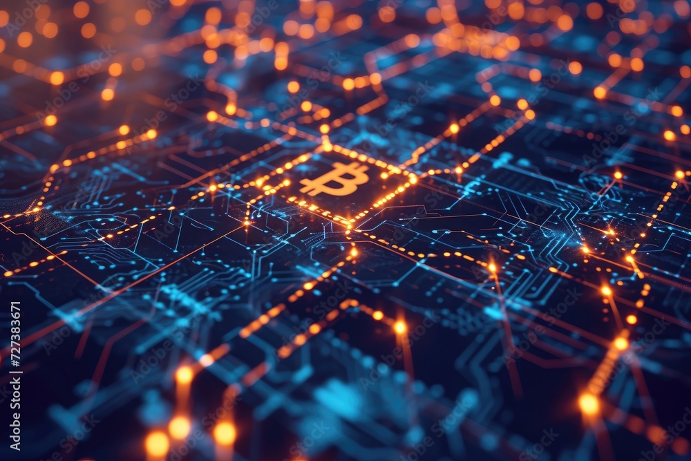 Poster computer circuit board with bitcoin symbol, a light tracing of cryptocurrency blockchains against a 