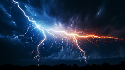 Roaring thunderstorm, shocking lightning shines in the dark sky