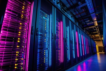 A row of servers neatly arranged in a highly secure data center facility, A large data center with rows of servers illuminated in cool-colored lights, AI Generated