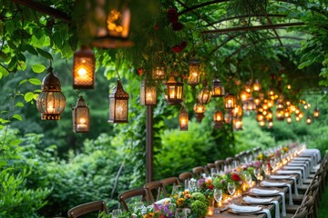 A photo featuring a lengthy table covered in lights hanging from above, creating a dazzling and well-lit atmosphere, A lavish summer garden party with hanging lanterns and long tables, AI Generated